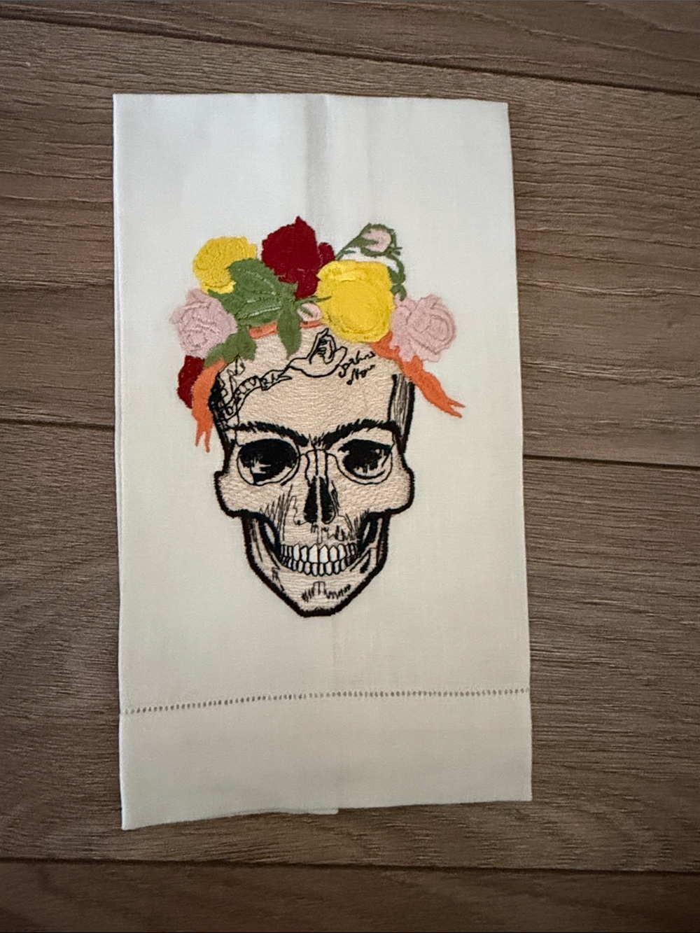 Embroidered Skull Floral Hand Towel - White